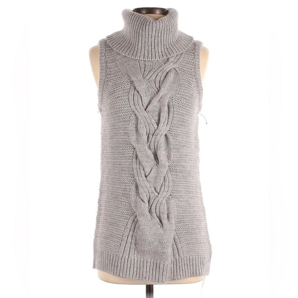 Designer INTERMIX Wool Mohair Blend Vest Sweater Grey Cable Knit Turtleneck L